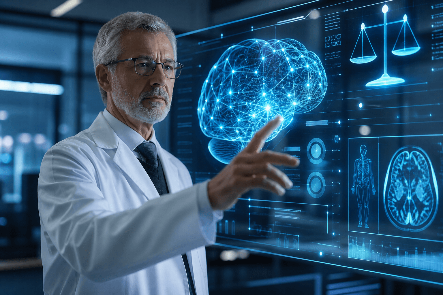 Clinician-scientist interacting with a holographic ethical AI neural interface